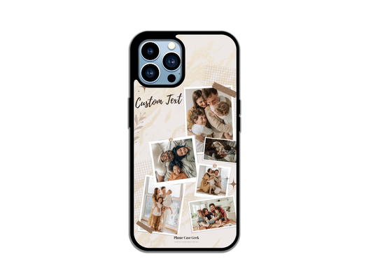 Example of a 6 polaroids collage custom phone case for iPhone showcasing a family in playful polaroid photos, emphasizing personalized photo arrangements.