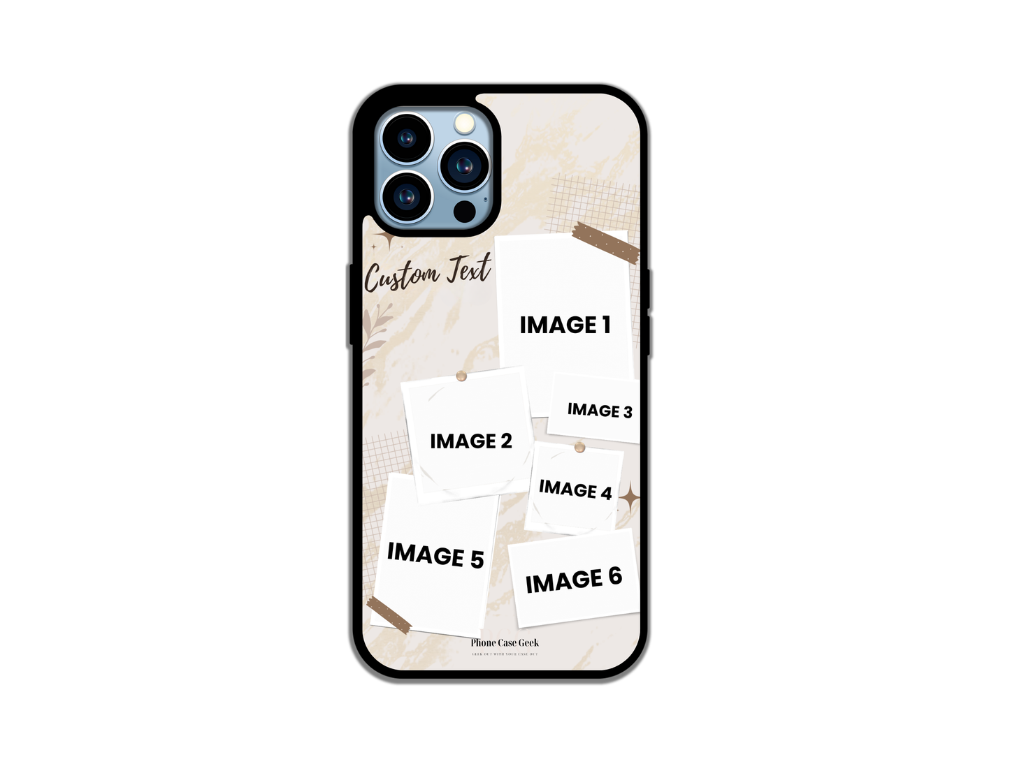 Template layout for a 6 polaroids collage custom phone case for iPhone, illustrating photo placement options and customizable text area.