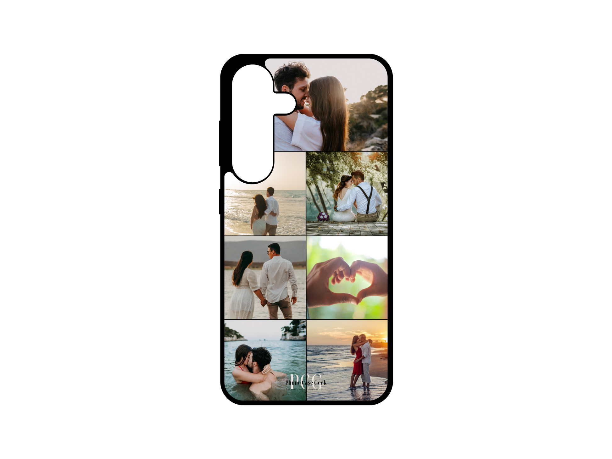 7 Photo Collage Custom Phone Case for Samsung Galaxy S24, S23, S22, S21 featuring an image of a couple. A personalized phone case with space for seven photos, creating a unique and sentimental design.