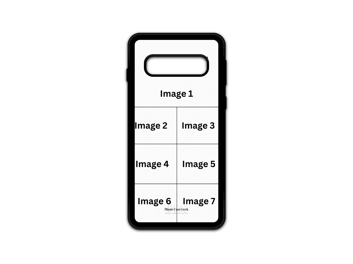 7 Photo Collage Custom Phone Case Template for Samsung Galaxy S10. A customizable phone case template with seven photo slots for a personalized collage design. Perfect for showcasing multiple favorite memories.