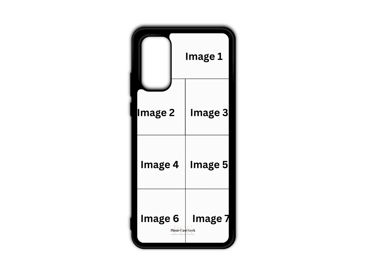 7 Photo Collage Custom Phone Case Template for Samsung Galaxy S20, S20 Ultra, and S20 FE. A customizable phone case template with seven photo slots for a personalized collage design. Showcase your favorite moments with this stylish, memory-filled case.