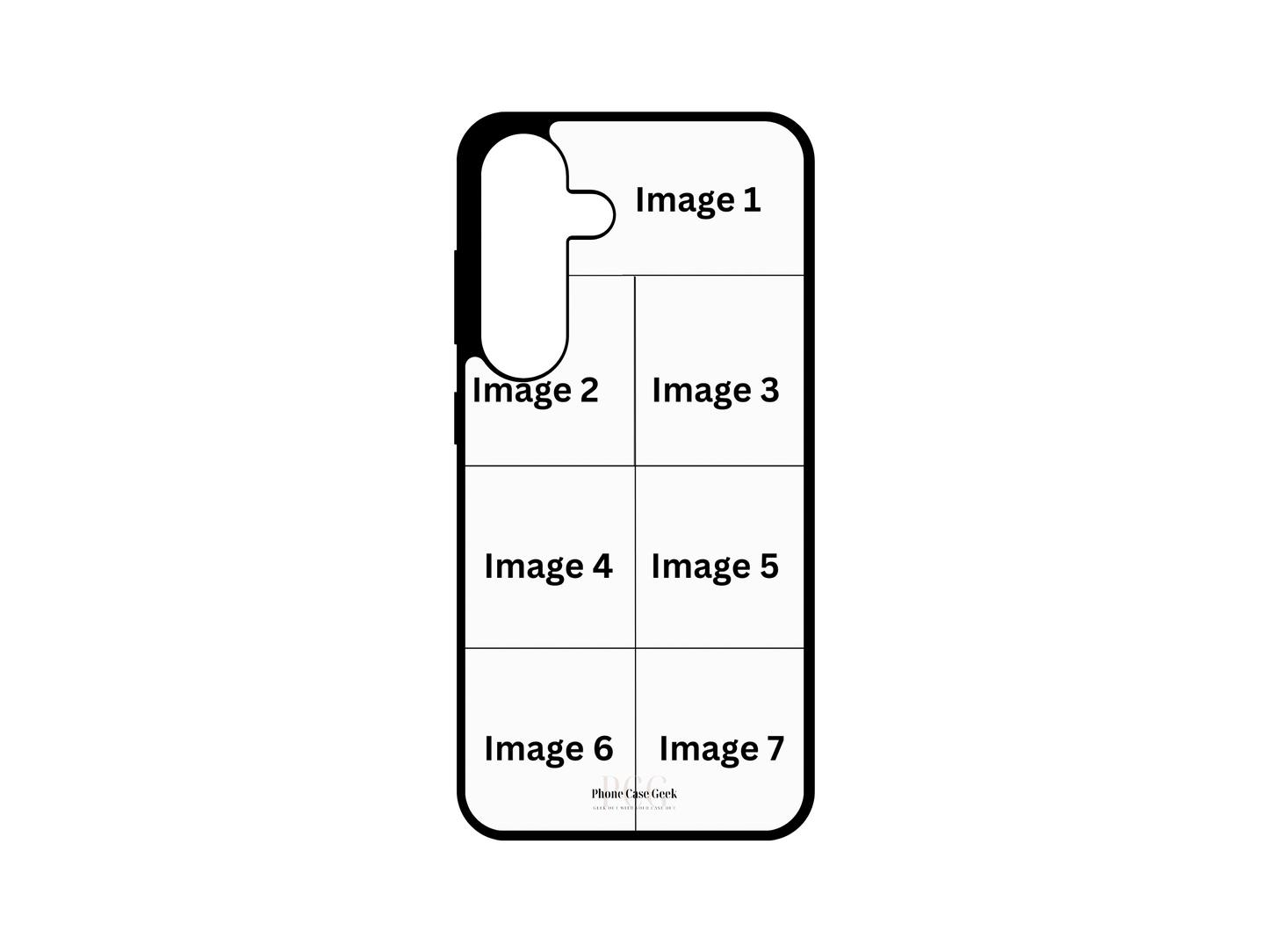 7 Photo Collage Custom Phone Case Template for Samsung Galaxy S24, S23, S22, S21. A personalized phone case layout with seven photo slots, perfect for showcasing multiple images in a creative collage style.