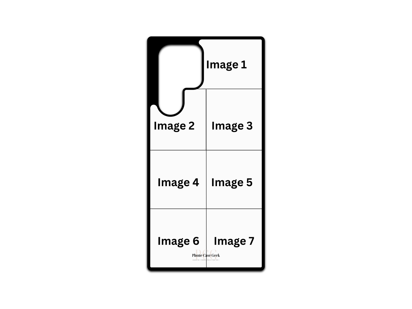 7 Photo Collage Custom Phone Case Template for Samsung Galaxy S24 Ultra, S23 Ultra, and S22 Ultra. A customizable phone case template with seven photo slots for a personalized collage design.