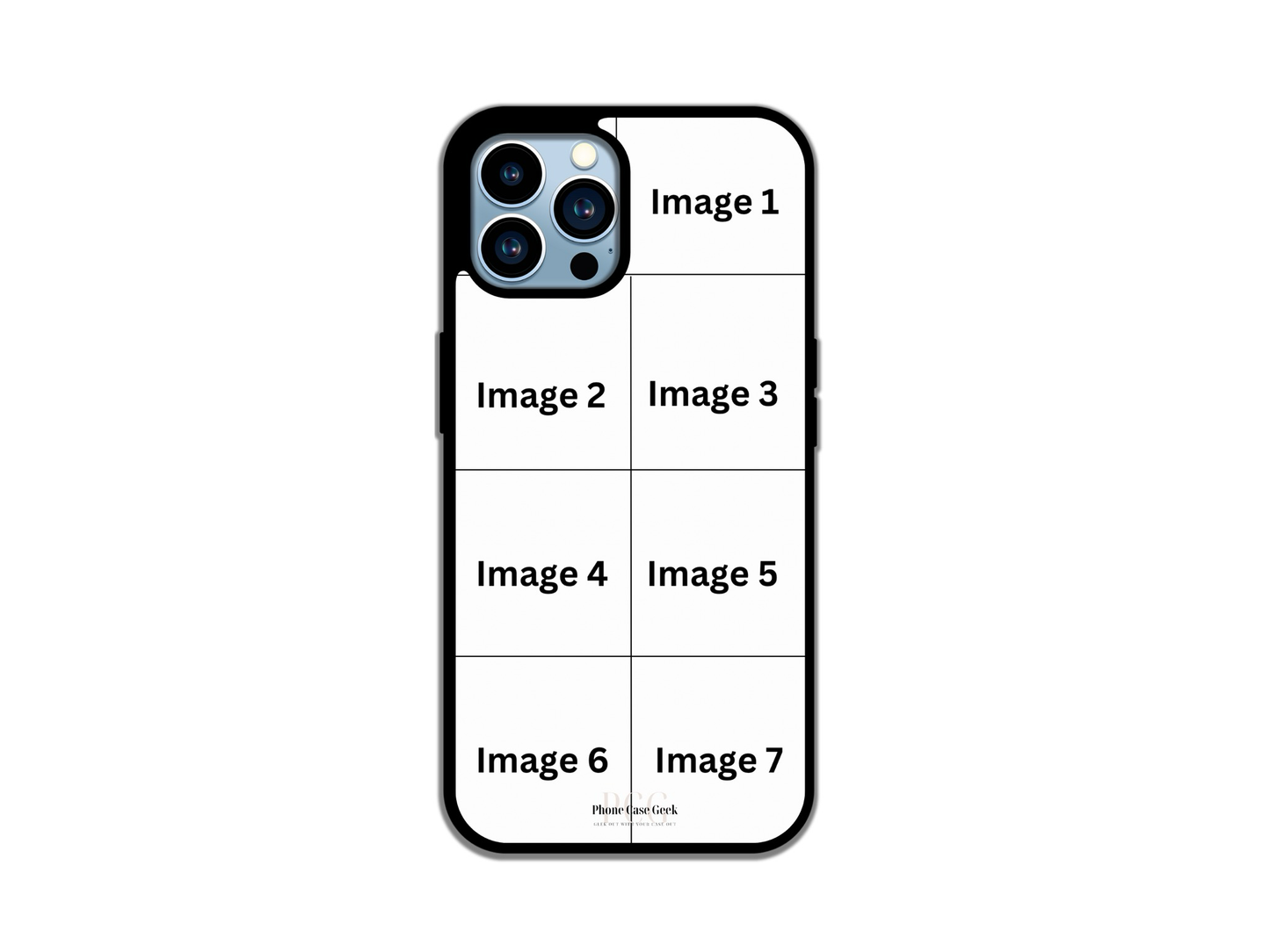 Template layout for a 7-photo collage custom phone case for iPhone, showcasing photo placement options.