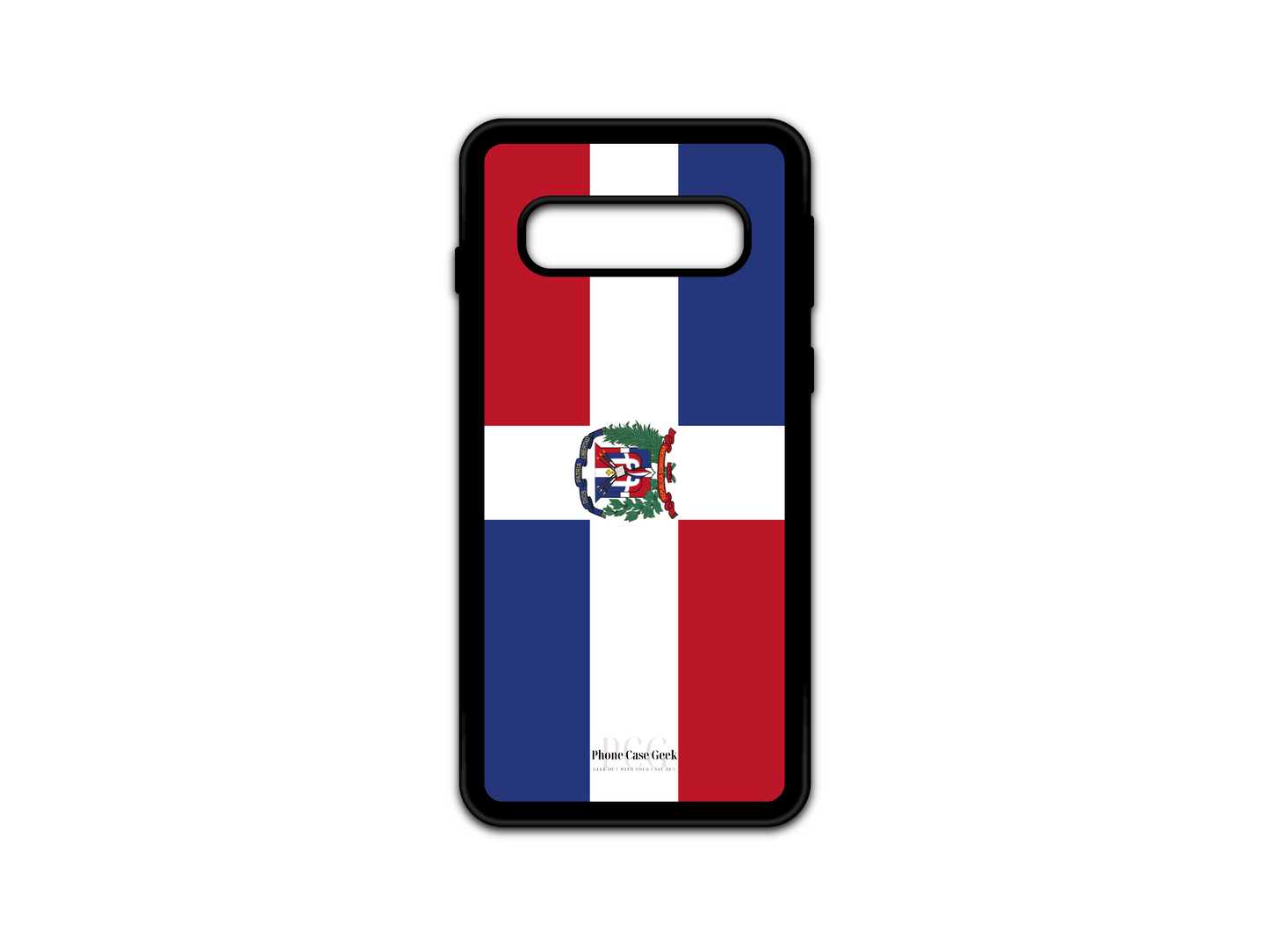 Dominican Republic Flag Phone Case for Samsung Galaxy S10, featuring the vibrant red, white, and blue colors with the national coat of arms for a bold and patriotic look.