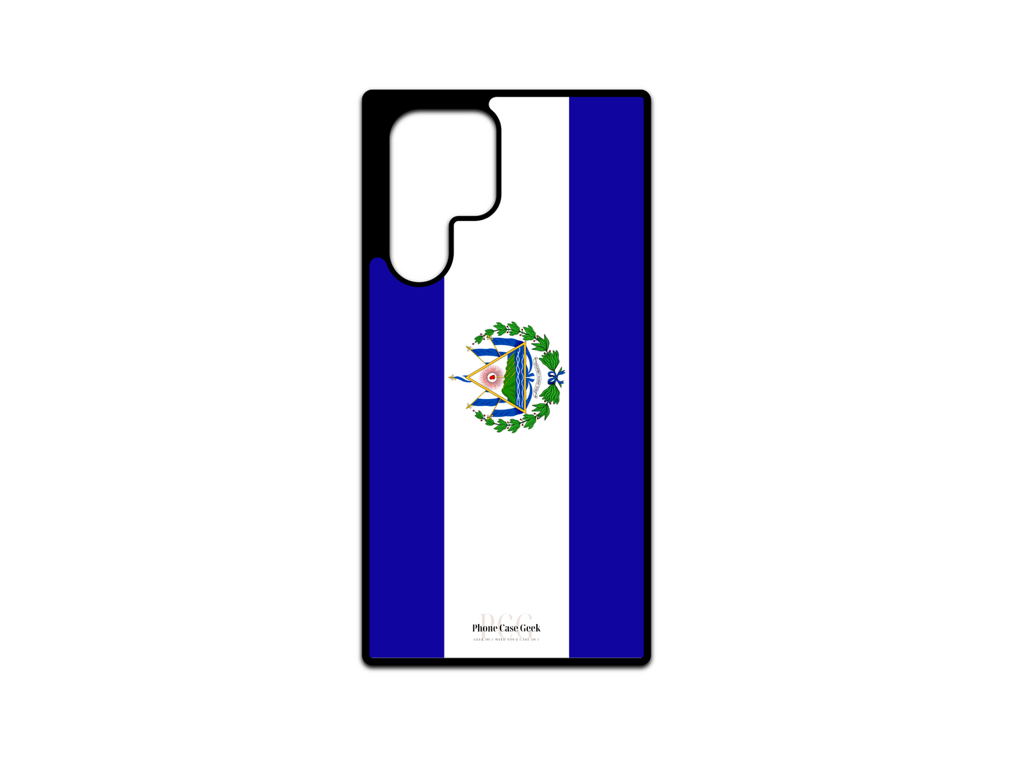 El Salvador Flag Phone Case for Samsung Galaxy S24 Ultra, S23 Ultra, and S22 Ultra, featuring the bold blue and white stripes with the El Salvador coat of arms at the center.