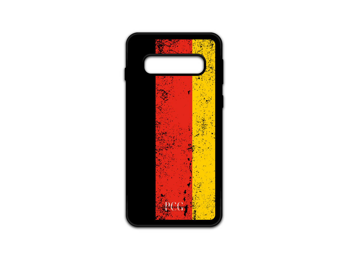 German Flag Grunge Phone Case for Samsung Galaxy S10, featuring a bold and distressed design with black, red, and gold stripes in a grunge style.