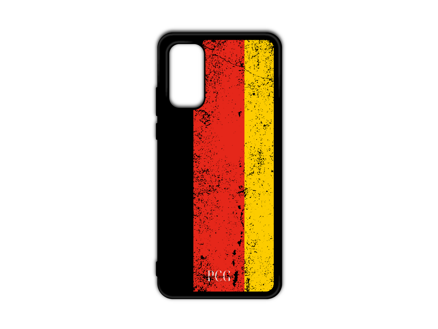 German Flag Grunge Phone Case for Samsung Galaxy S20, S20 Ultra, and S20 FE, featuring a textured, distressed design of the black, red, and gold stripes of the German flag.