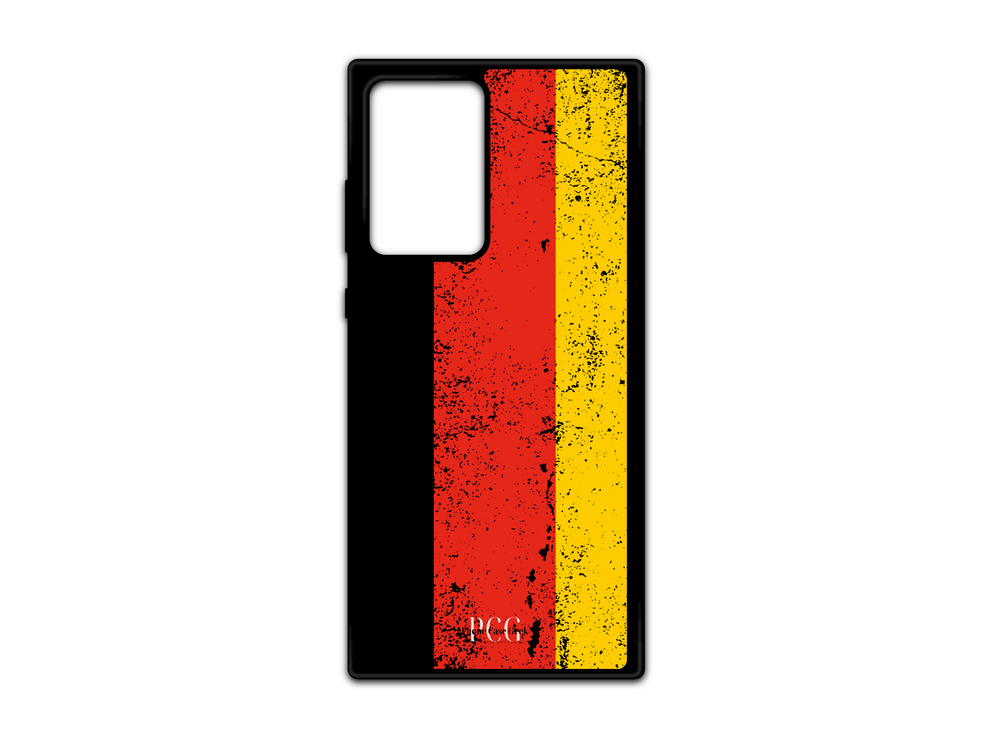 German Flag Grunge Phone Case for Samsung Galaxy S21 Ultra, Note 20, and Note 20 Ultra, featuring a distressed design with black, red, and gold stripes of the German flag.