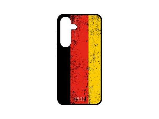 German Flag Grunge Phone Case for Samsung Galaxy S24, S23, S22, and S21, featuring a distressed, weathered design with black, red, and gold stripes in a bold, grunge style.