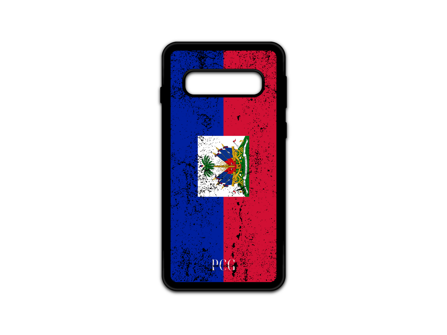 Custom Haitian Flag Grunge Phone Case for Samsung Galaxy S10 featuring a distressed Haitian flag design with blue, red, and the national emblem.