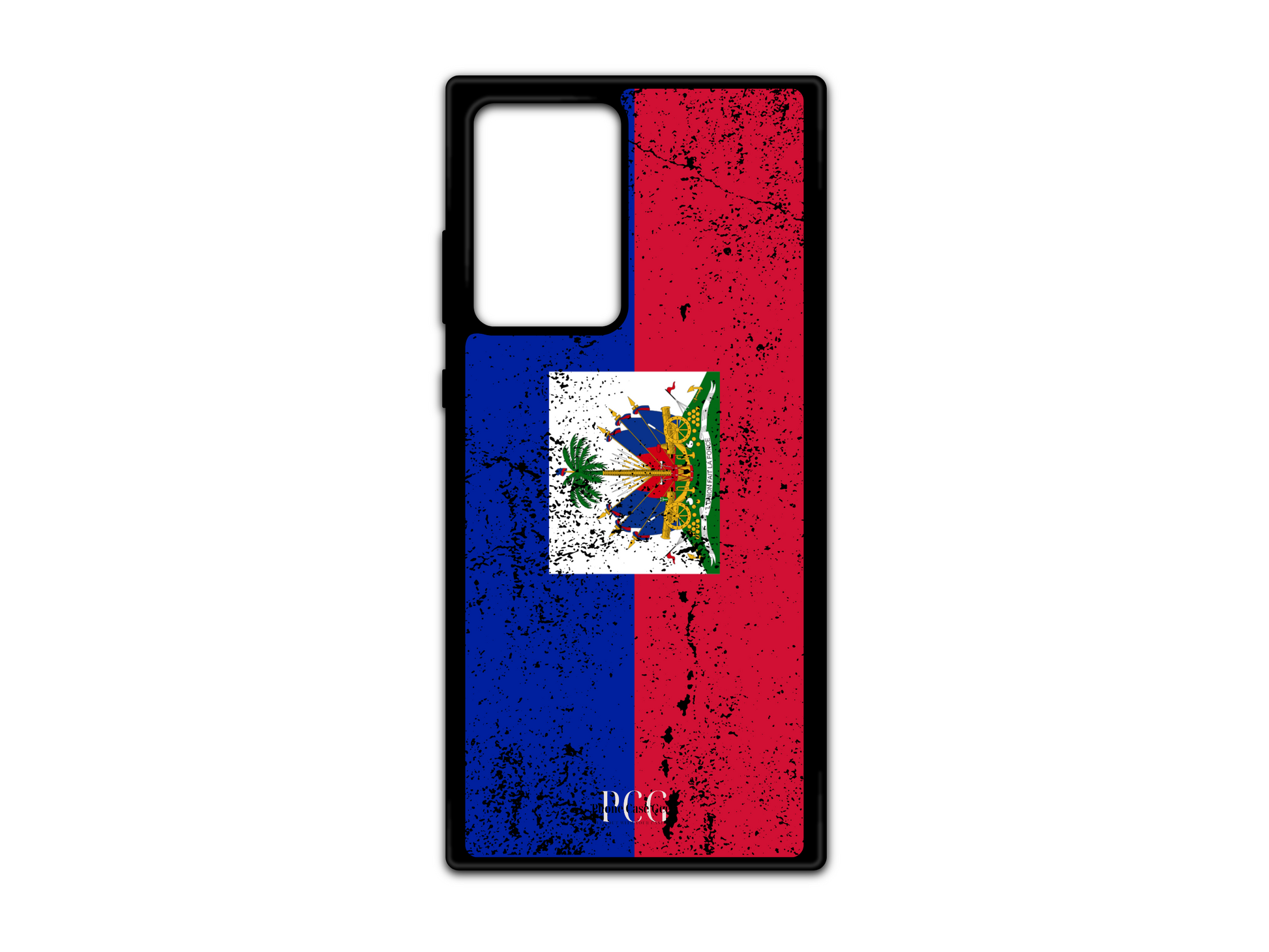 Custom Haitian Flag Grunge Phone Case for Samsung Galaxy S21 Ultra, Note 20, and Note 20 Ultra with a weathered, distressed design featuring the bold blue and red Haitian flag.