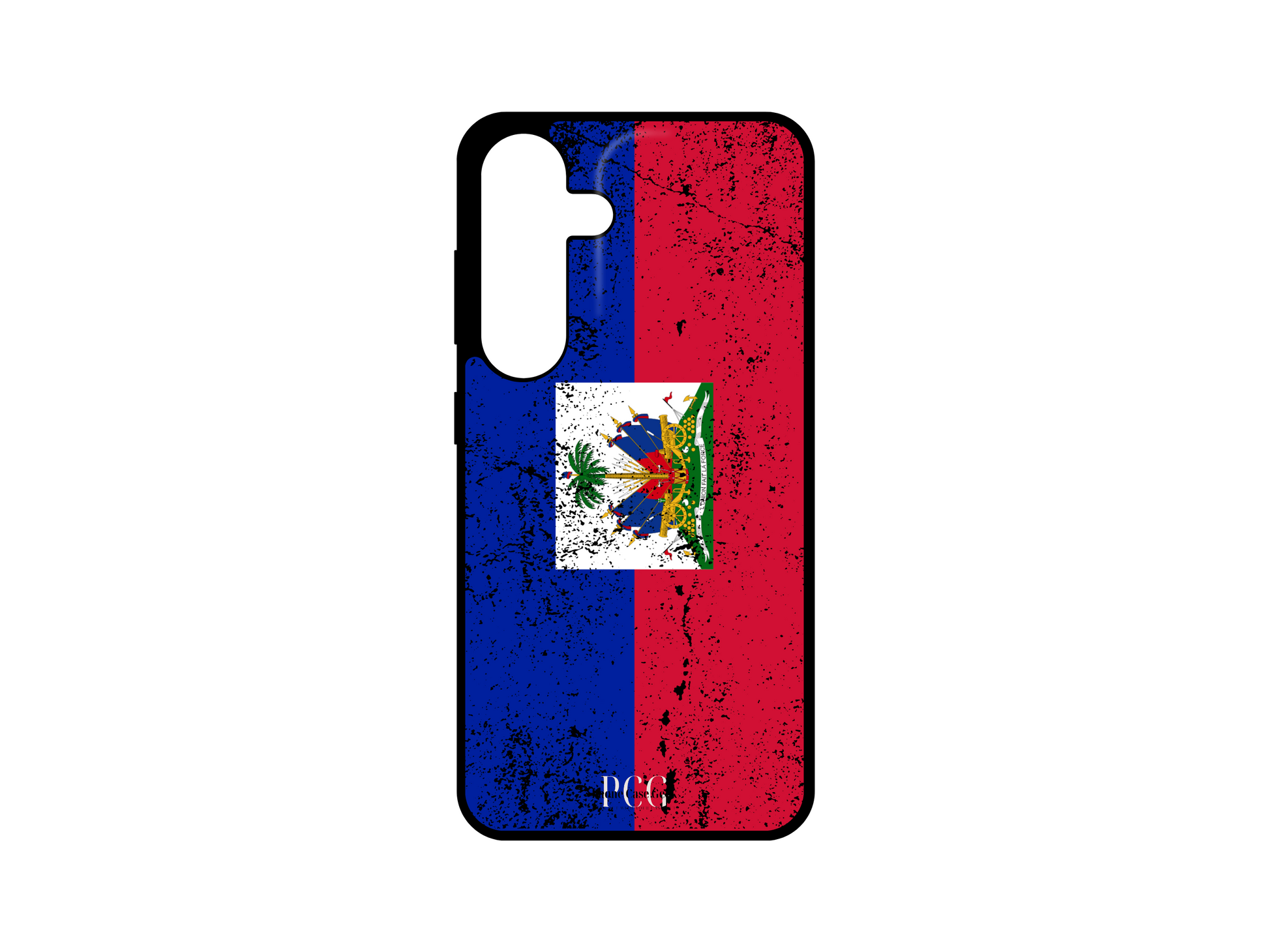 Custom Haitian Flag Grunge Phone Case for Samsung Galaxy S24, S23, S22, S21 featuring a distressed design of the Haiti flag with its blue and red colors and emblem.