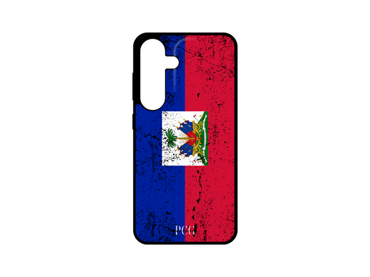 Custom Haitian Flag Grunge Phone Case for Samsung Galaxy S24, S23, S22, S21 featuring a distressed design of the Haiti flag with its blue and red colors and emblem.