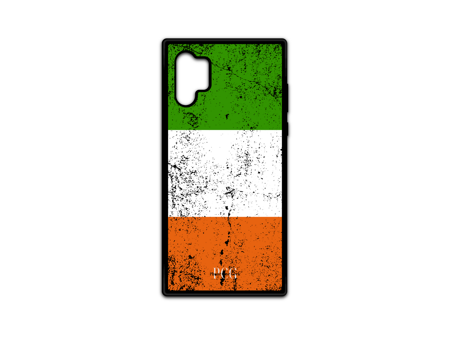 Custom Irish Flag Grunge Phone Case for Samsung Galaxy Note 10 featuring a distressed design of the Ireland flag in green, white, and orange.