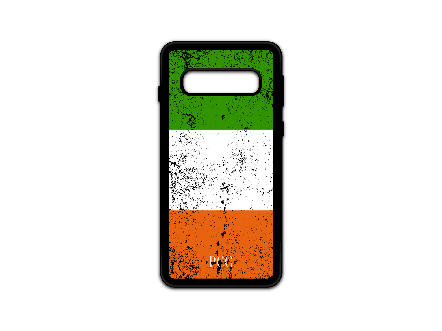 Custom Irish Flag Grunge Phone Case for Samsung Galaxy S10 featuring a distressed design of Ireland's flag in green, white, and orange.