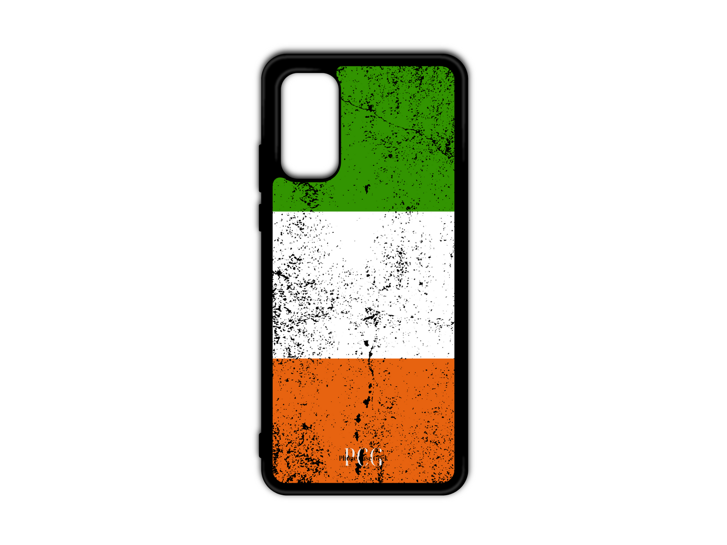 Custom Irish Flag Grunge Phone Case for Samsung Galaxy S20, S20 Ultra, and S20 FE with a distressed design of the Ireland flag in green, white, and orange.