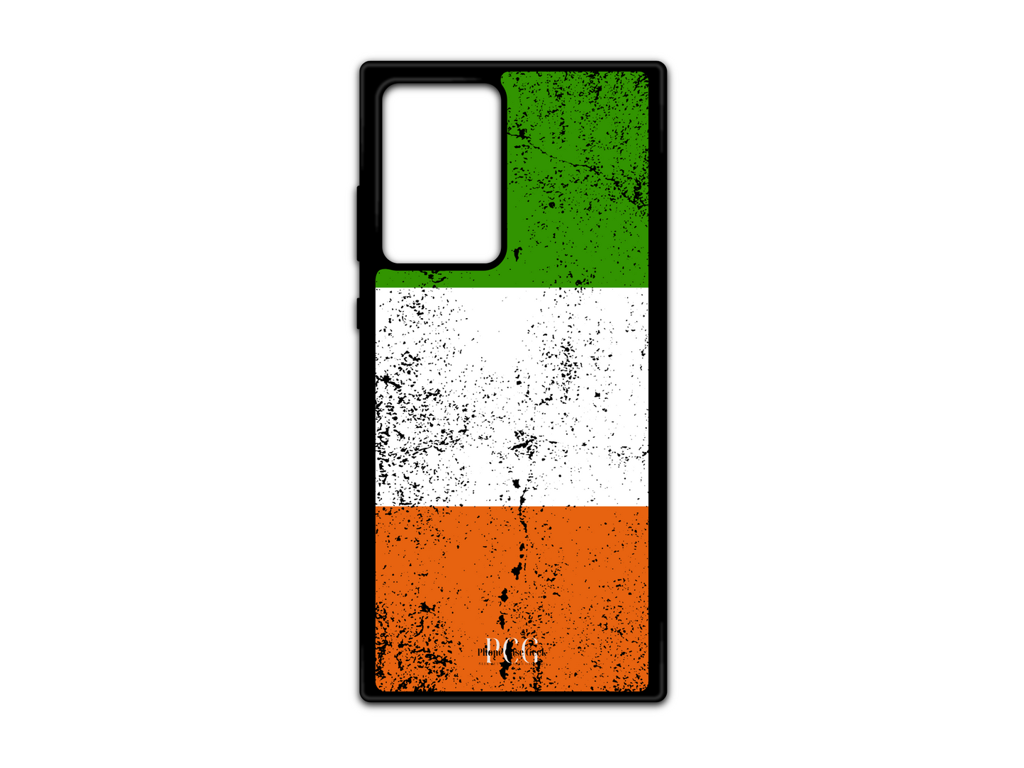 Custom Irish Flag Grunge Phone Case for Samsung Galaxy S21 Ultra, Note 20, and Note 20 Ultra featuring a distressed design of the Ireland flag in green, white, and orange.