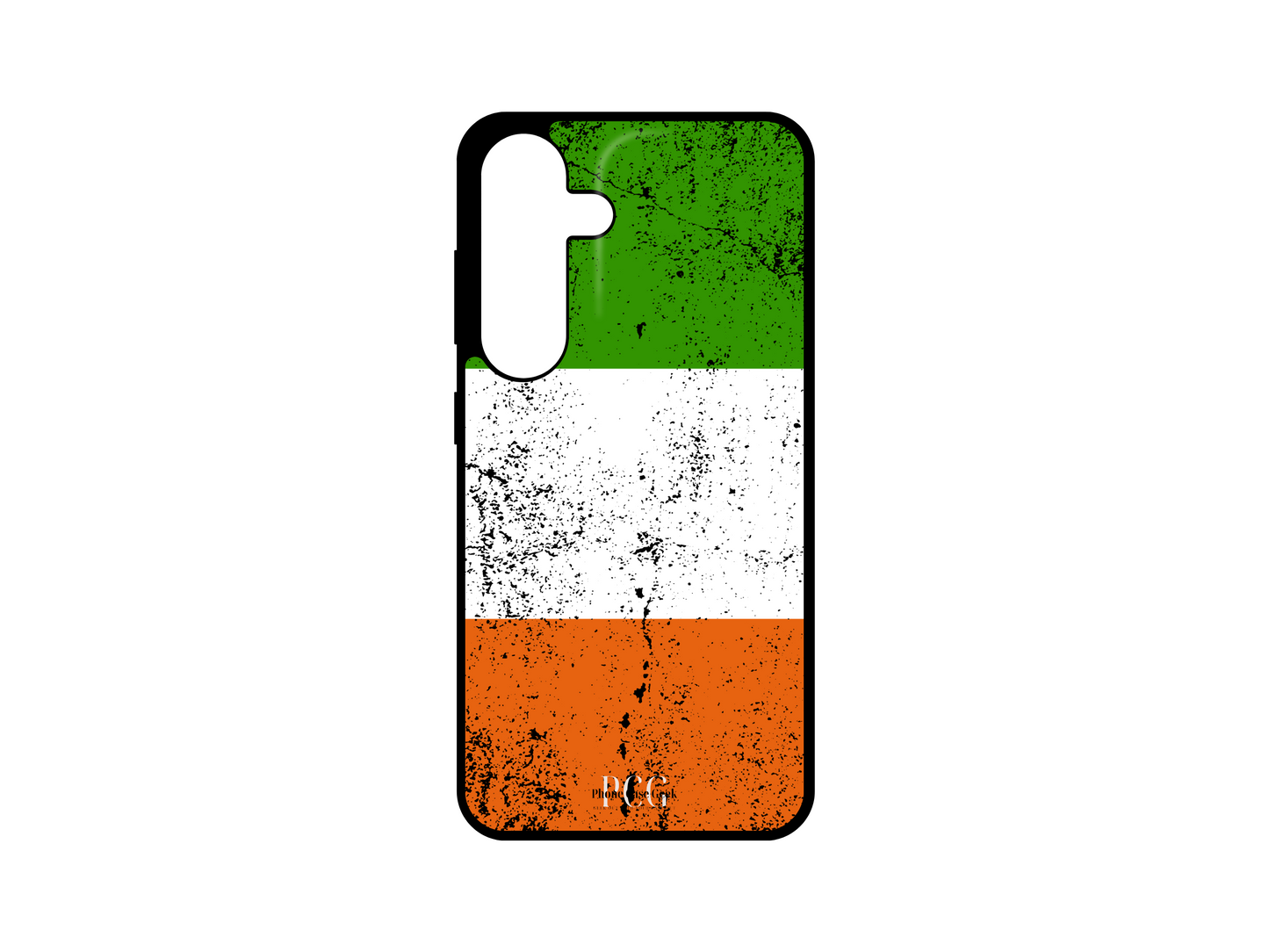 Custom Irish Flag Grunge Phone Case for Samsung Galaxy S24, S23, S22, S21 with a distressed, vintage design showcasing the green, white, and orange of Ireland’s flag.