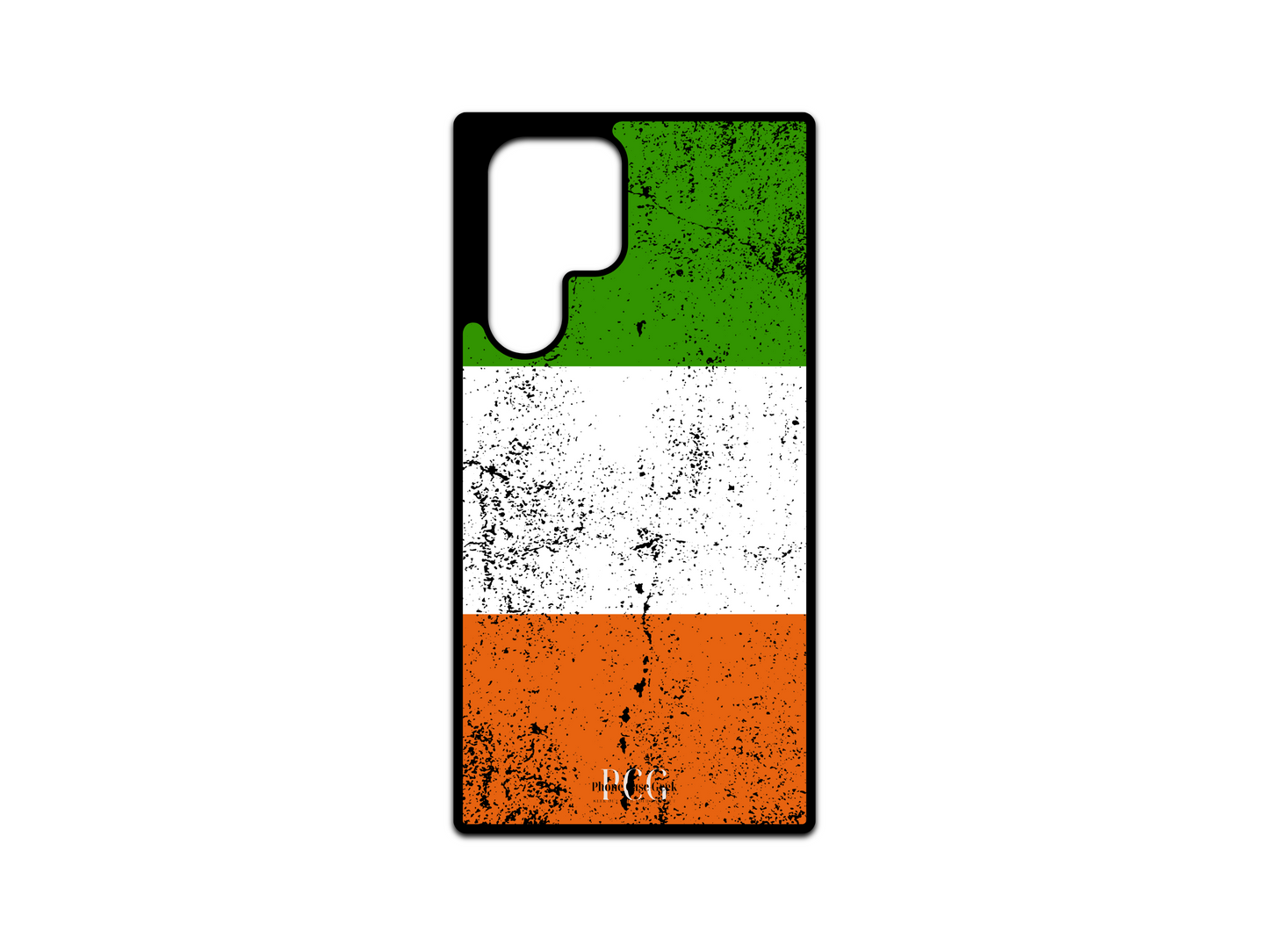 Custom Irish Flag Grunge Phone Case for Samsung Galaxy S24 Ultra, S23 Ultra, and S22 Ultra with a vintage distressed design of Ireland's flag in green, white, and orange.