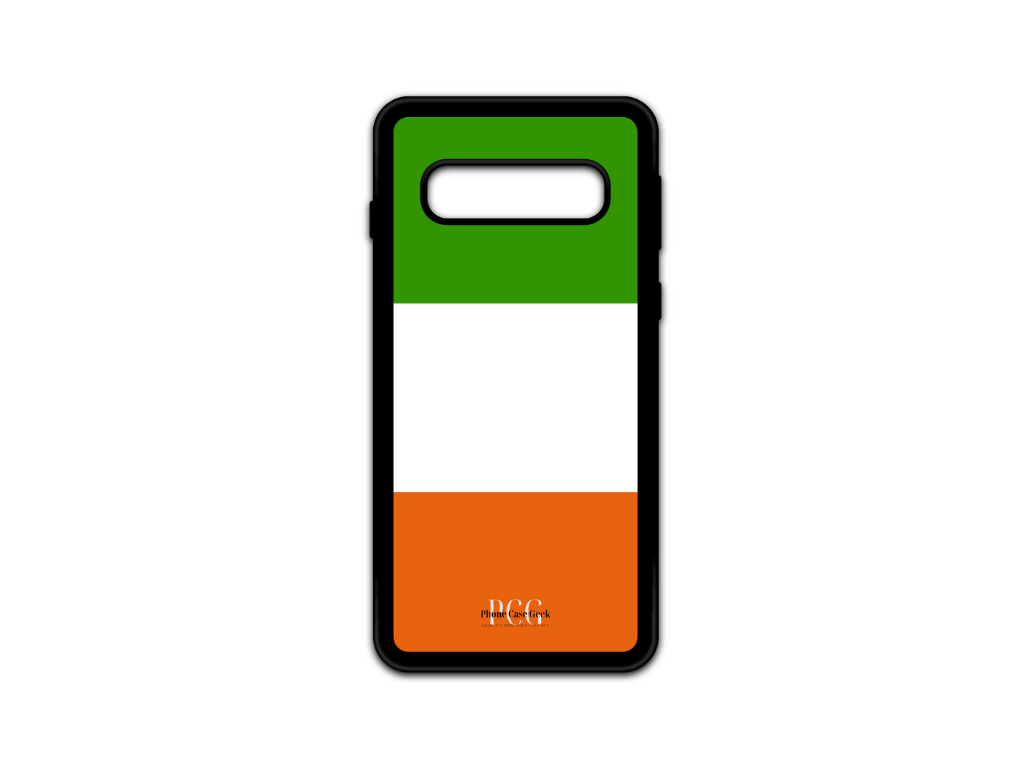 Custom Irish Flag Phone Case for Samsung Galaxy S10 featuring bold green, white, and orange stripes symbolizing Ireland's national colors.