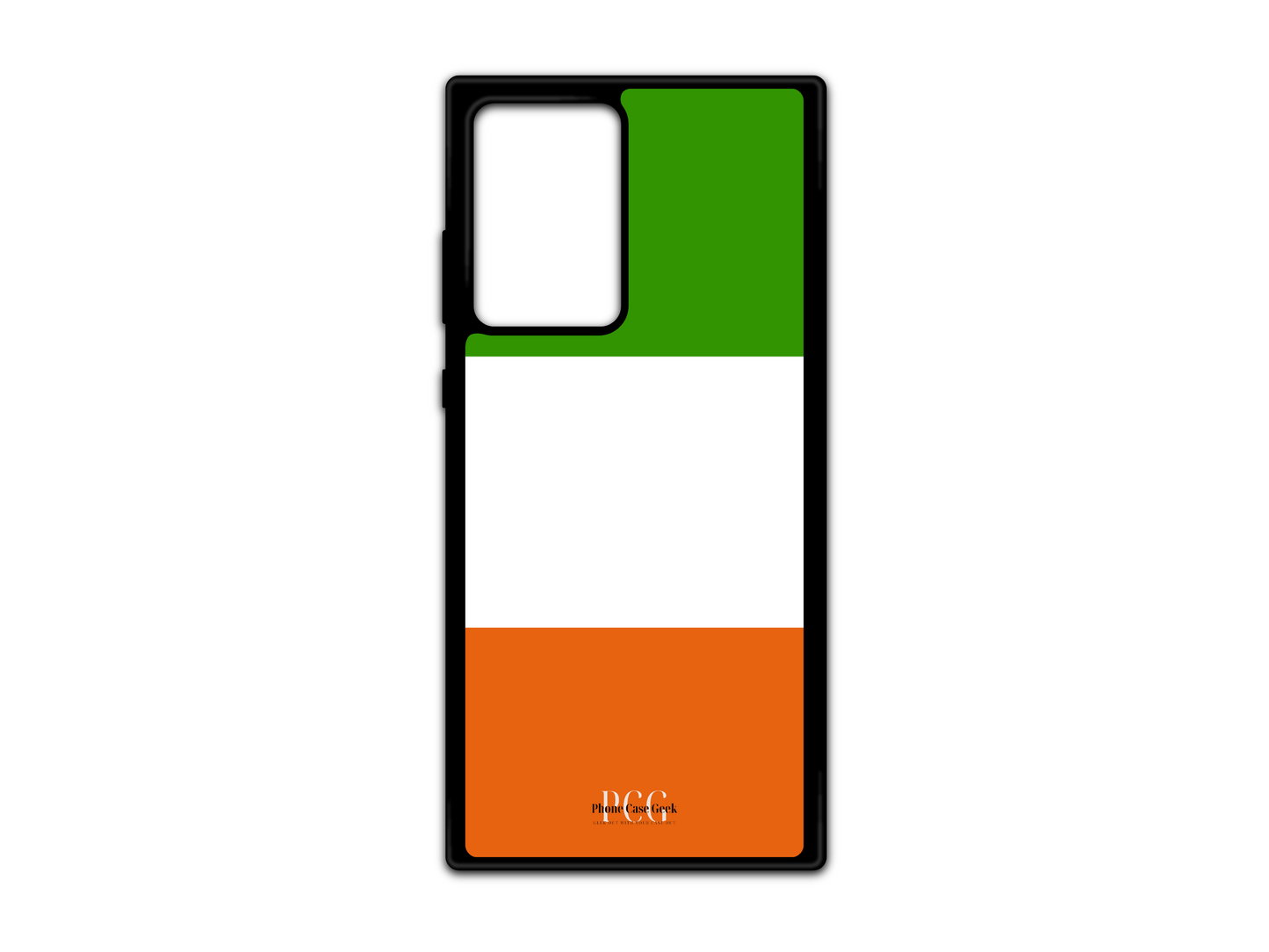 Custom Irish Flag Phone Case for Samsung Galaxy S21 Ultra, Note 20, and Note 20 Ultra featuring bold green, white, and orange stripes that symbolize Ireland's national pride.