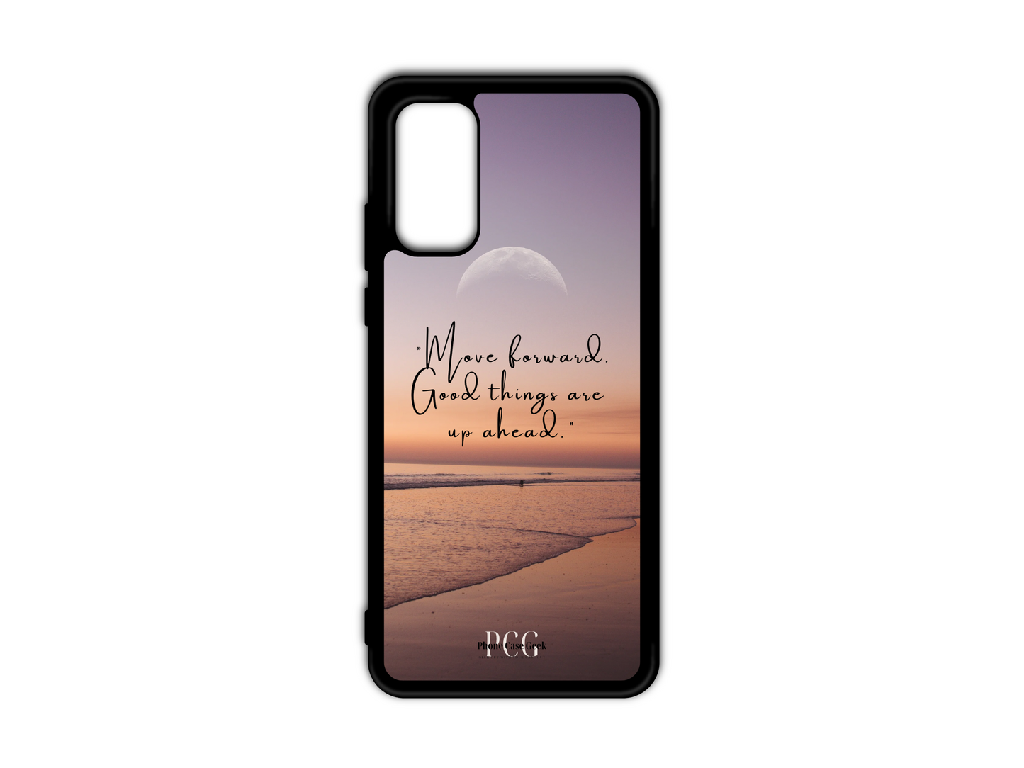 Beach Sunset Phone Case for Samsung Galaxy S20, S20 Ultra, and S20 FE. This design showcases a serene beach sunset with the uplifting text "Move forward, good things are ahead" prominently displayed in the center, perfect for those seeking positivity and a connection to nature. Ideal for beach lovers and fans of motivational quotes.