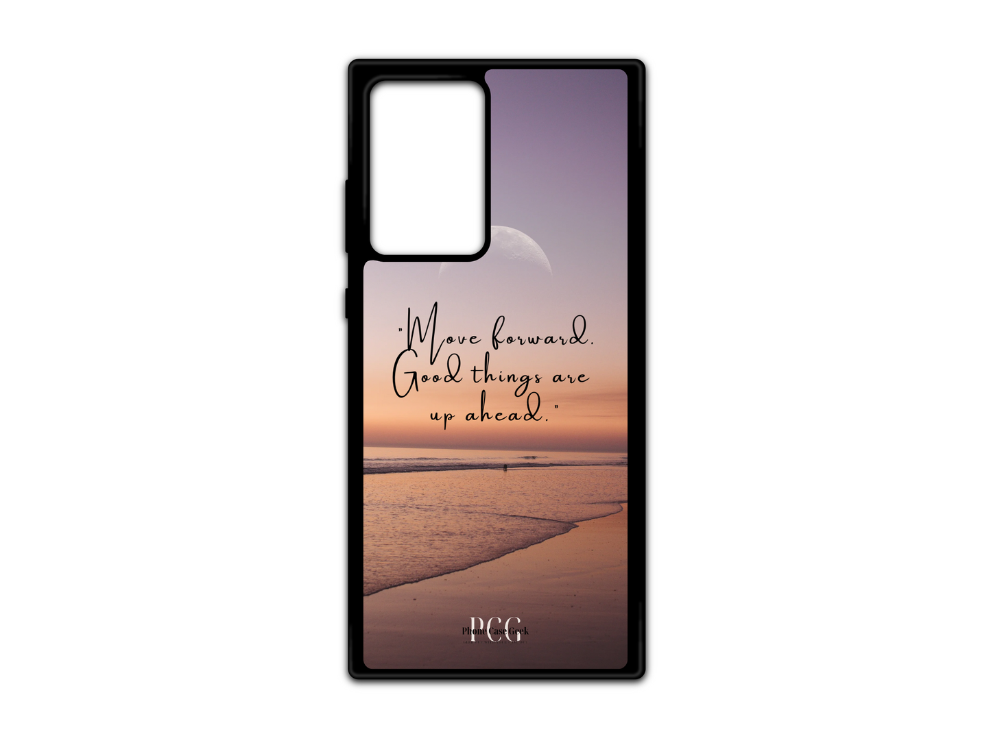 Beach Sunset Phone Case for Samsung Galaxy S21 Ultra, Note 20, and Note 20 Ultra. This design features a calming beach sunset with the inspirational text "Move forward, good things are ahead" placed in the center. A perfect case for those who love motivational quotes and the beauty of nature. Ideal for beach enthusiasts and those seeking a positive, uplifting reminder.