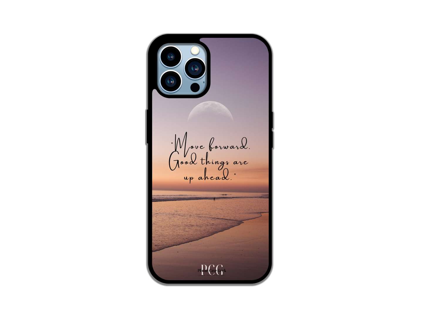 Beach Sunset Phone Case with a vibrant sunset design and the quote 'Move forward, good things are ahead.