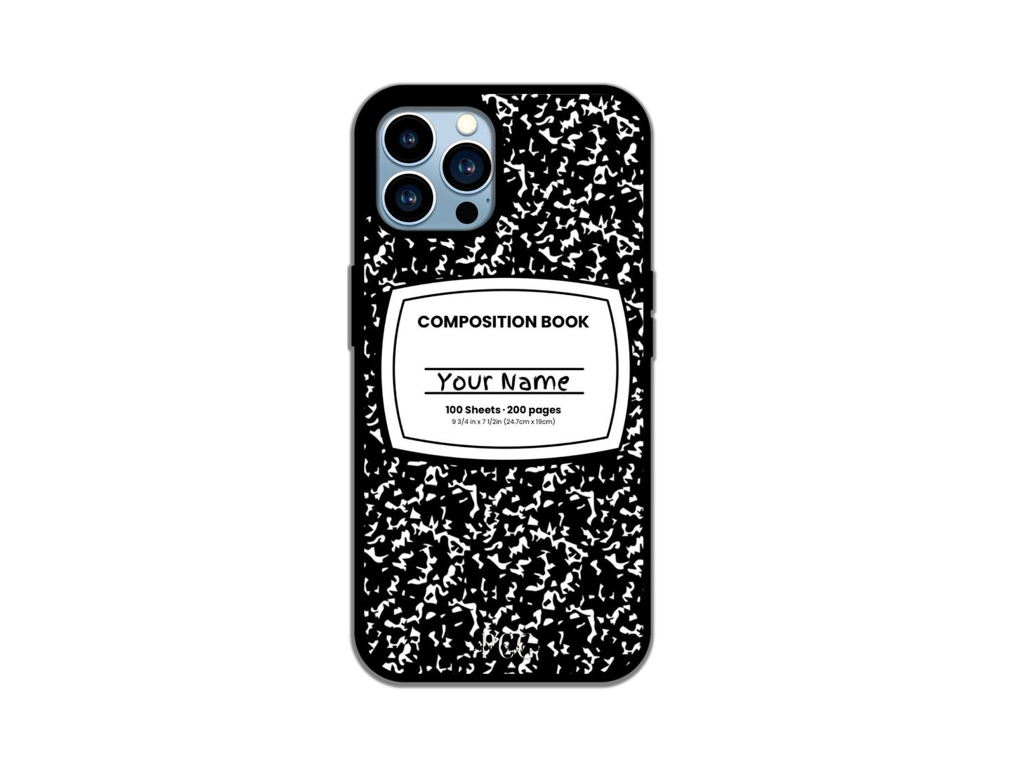 Notebook phone case for iPhone featuring a black composition notebook design with customizable name across the front.