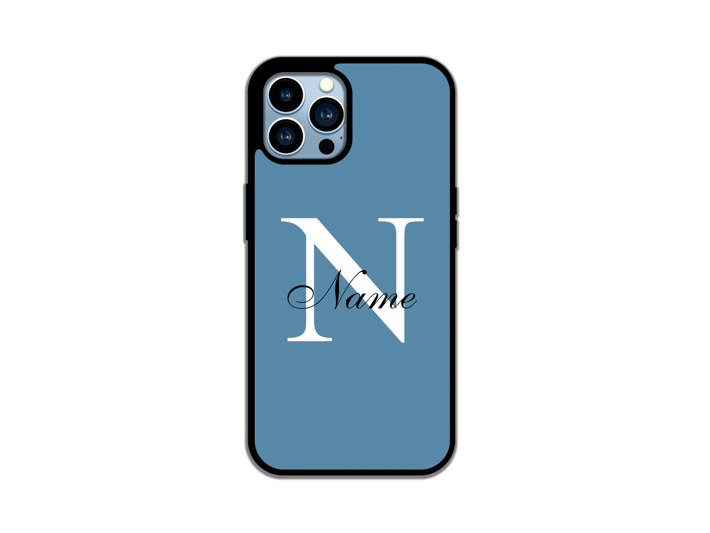 Personalized monogram name custom iPhone phone case with customizable initial and name displayed across blue color options.