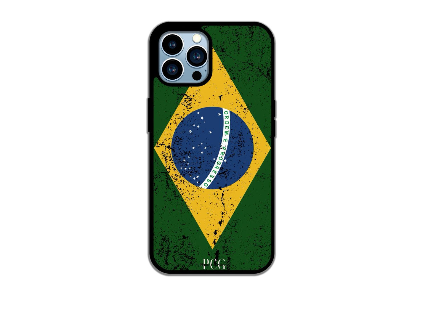 A Brazilian Flag Grunge phone case for iPhone, featuring a distressed texture of the flag design that captures a unique, vintage look while showcasing national pride.