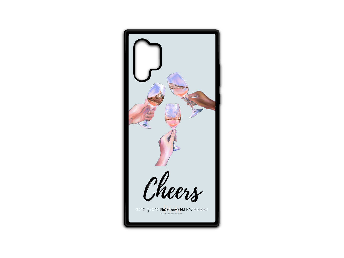 Cheers Phone Case for Samsung Galaxy Note 10, featuring hands clinking drinks with the playful text "It's 5 o'clock somewhere" at the bottom. A fun and vibrant design for those who love celebrating life's moments with friends and family.