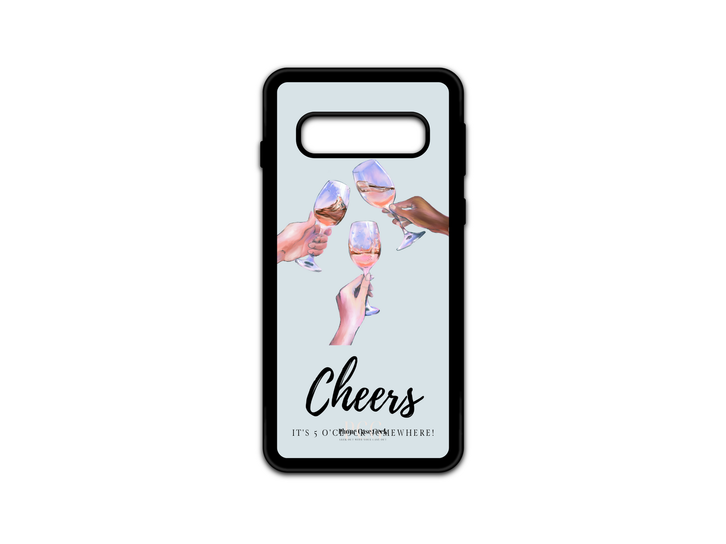 Cheers Phone Case for Samsung Galaxy S10, featuring hands clinking drinks together in a joyful toast with the text "It's 5 o'clock somewhere" at the bottom. A fun and celebratory design perfect for those who enjoy a good time and love to make every moment count.