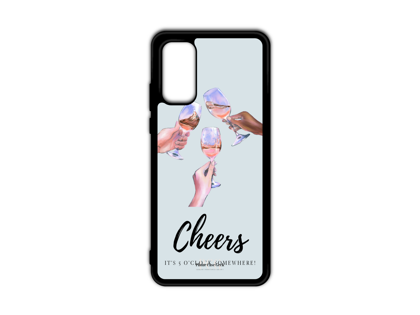 Cheers Phone Case for Samsung Galaxy S20, S20 Ultra, and S20 FE, featuring hands clinking drinks with the playful text "It's 5 o'clock somewhere" at the bottom. A lively and fun design for celebrating good times with friends and family.