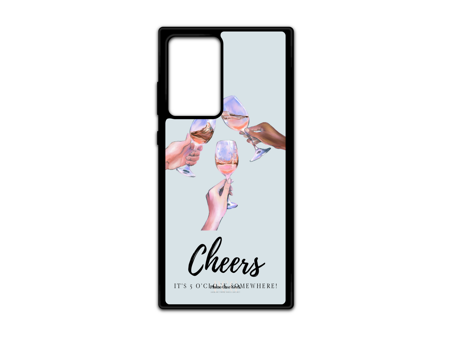 Cheers Phone Case for Samsung Galaxy S21 Ultra, Note 20, and Note 20 Ultra, showcasing hands clinking drinks with the playful text "It's 5 o'clock somewhere" at the bottom. A fun, vibrant design perfect for celebrating moments with friends and family.