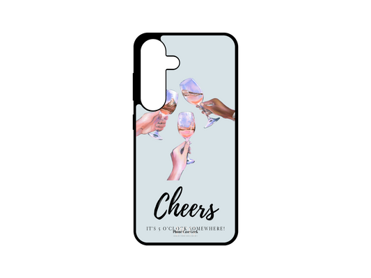 Cheers Phone Case for Samsung Galaxy S24, S23, S22, S21. This design features a vibrant background of hands clinking drinks together in celebration, with the phrase "It's 5 o'clock somewhere" at the bottom. A perfect phone case for those who love a good toast, fun moments, and positive vibes. Ideal for those who enjoy a drink and celebrating life's little joys.