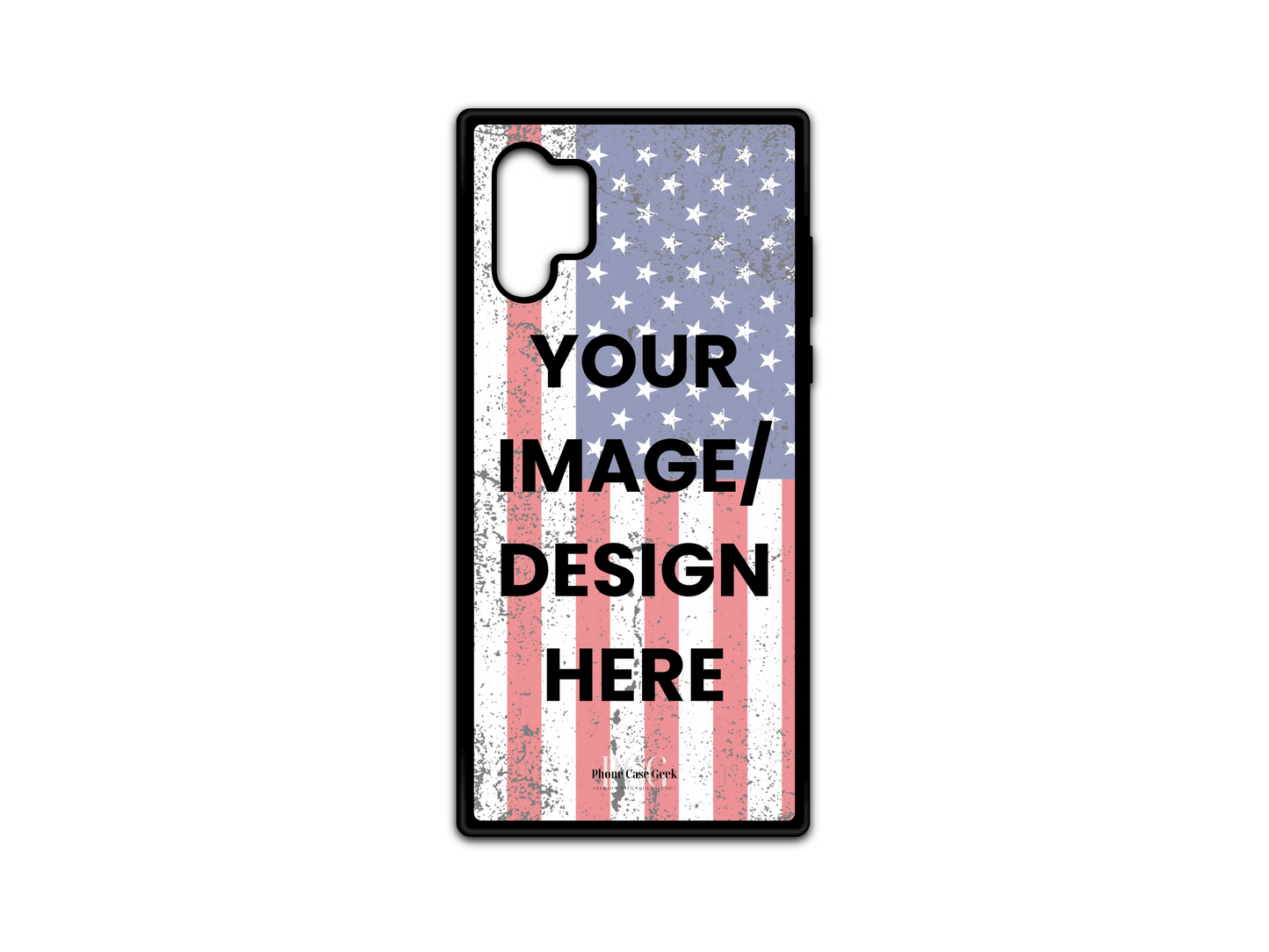 Template layout for a custom country flag phone case for Samsung Galaxy Note 10, showcasing design placement options for personalization.
