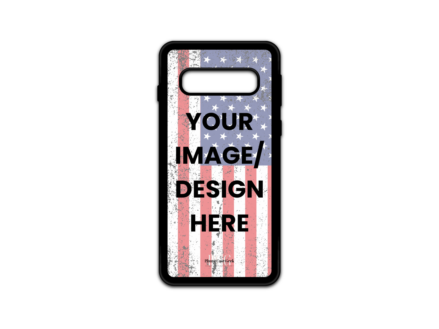 Template layout for a custom country flag phone case for Samsung Galaxy S10 and S10 5G, showcasing design placement options for personalization.