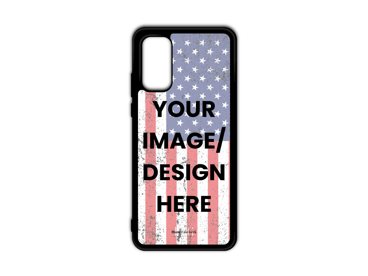 Template layout for a custom country flag phone case for Samsung Galaxy S20, S20 Ultra, and S20 FE, showcasing design placement options for personalization.