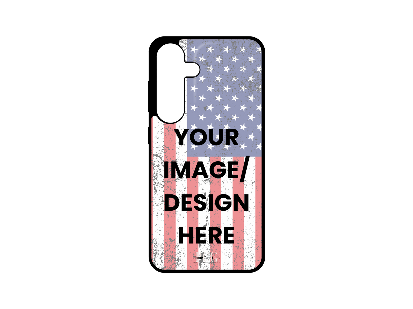 Template layout for a custom country flag phone case for Samsung Galaxy S24, S23, S22, and S21, showcasing design placement options for personalization.