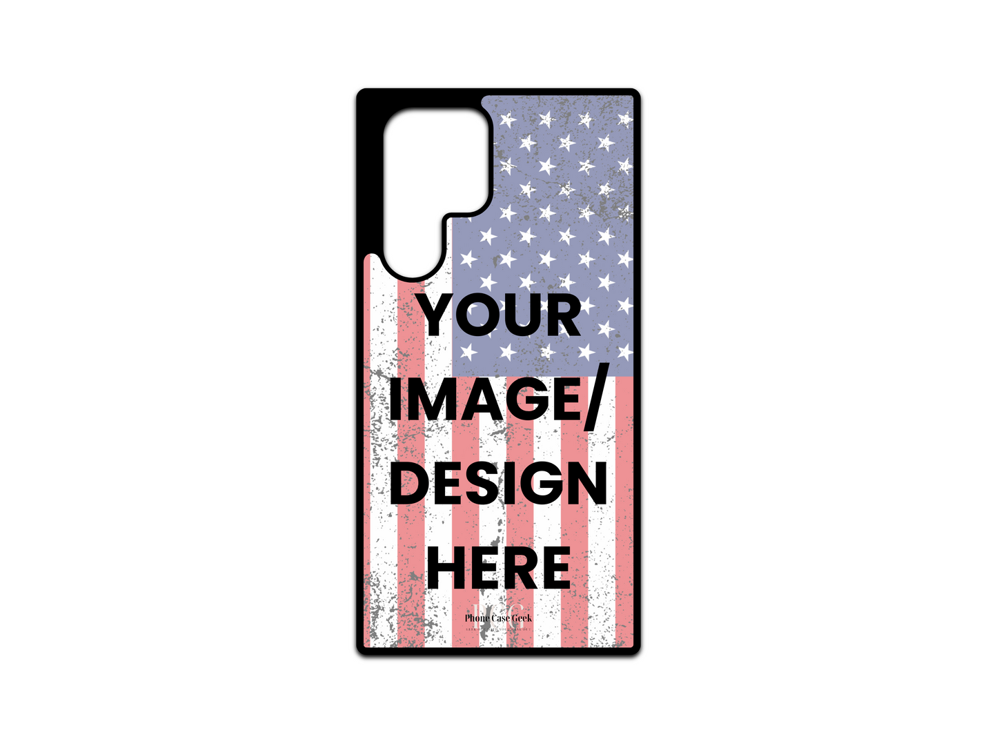 Template layout for a custom country flag phone case for Samsung Galaxy S24 Ultra, S23 Ultra, and S22 Ultra, showcasing design placement options for personalization.