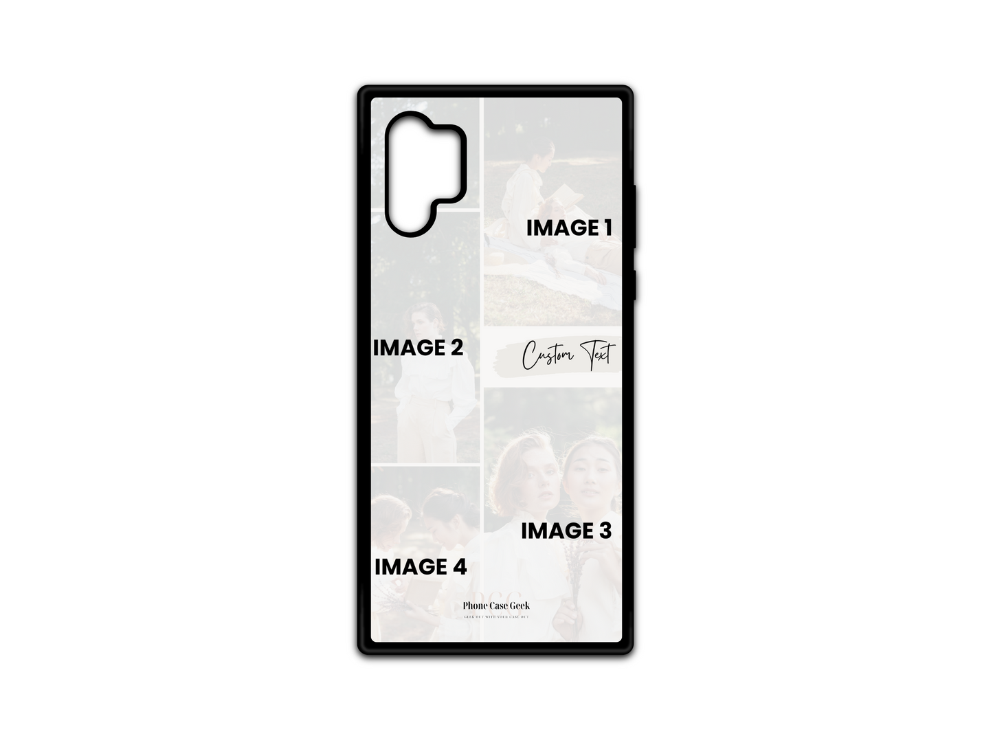 Template of custom 4 photo collage phone case for Samsung Galaxy Note 10 with personalized text and photo placeholders.