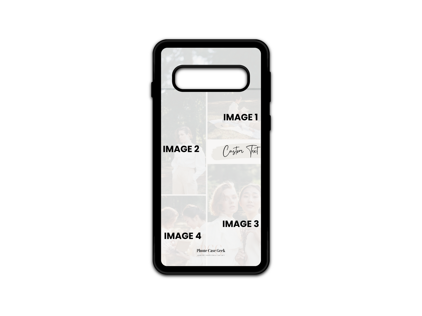 Template of custom 4 photo collage phone case for Samsung Galaxy S10 with personalized text and photo placeholders.