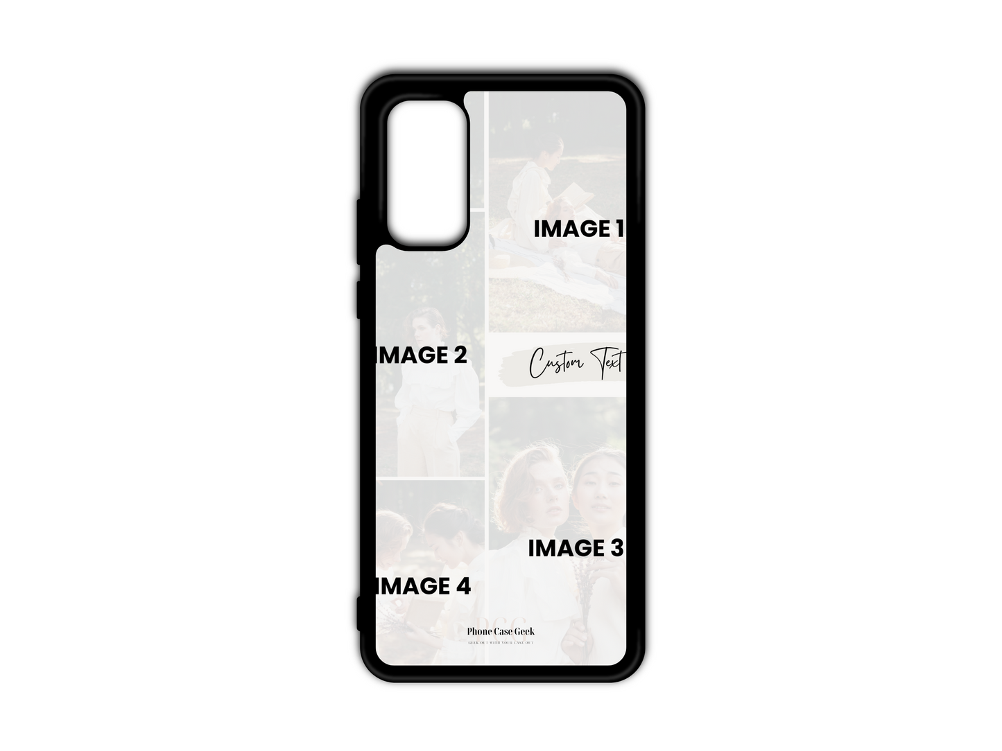 Template of custom 4 photo collage phone case for Samsung Galaxy S20, S20 FE, and S20 Ultra with personalized text and photo placeholders.