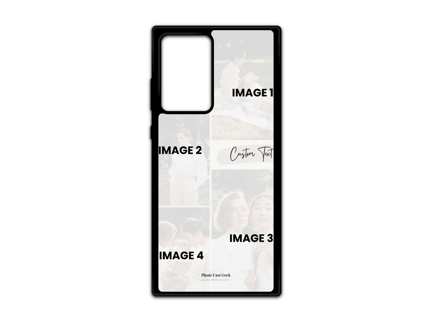 Template of custom 4 photo collage phone case for Samsung Galaxy S21 Ultra, Note 20, and Note 20 Ultra with personalized text and photo placeholders.