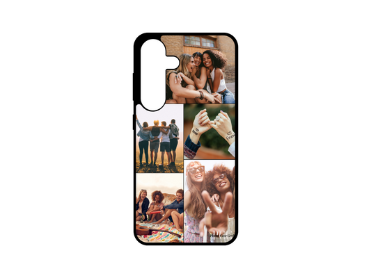 Custom 5 photo collage phone case for Samsung Galaxy S24, S23, S22, S21 with personalized photo placeholders and example images of friends.