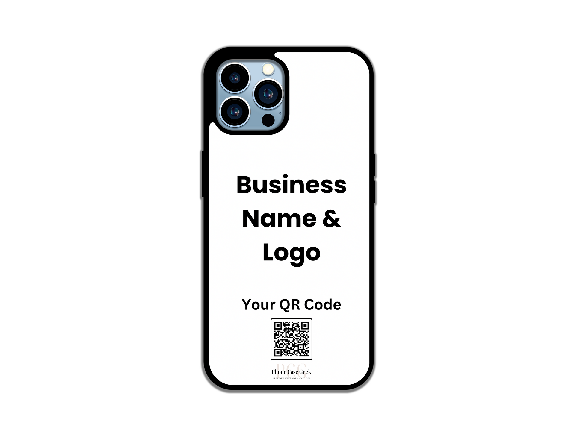 Custom iPhone phone case featuring placement for business logo and QR code design for branding and networking.