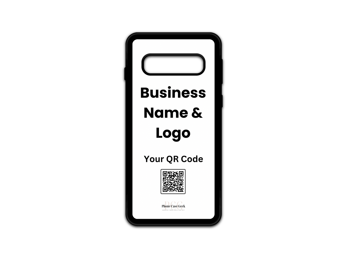 Template design for a custom business logo and QR code phone case for Samsung Galaxy S10 and S10 5G, showcasing layout placement for personalization.