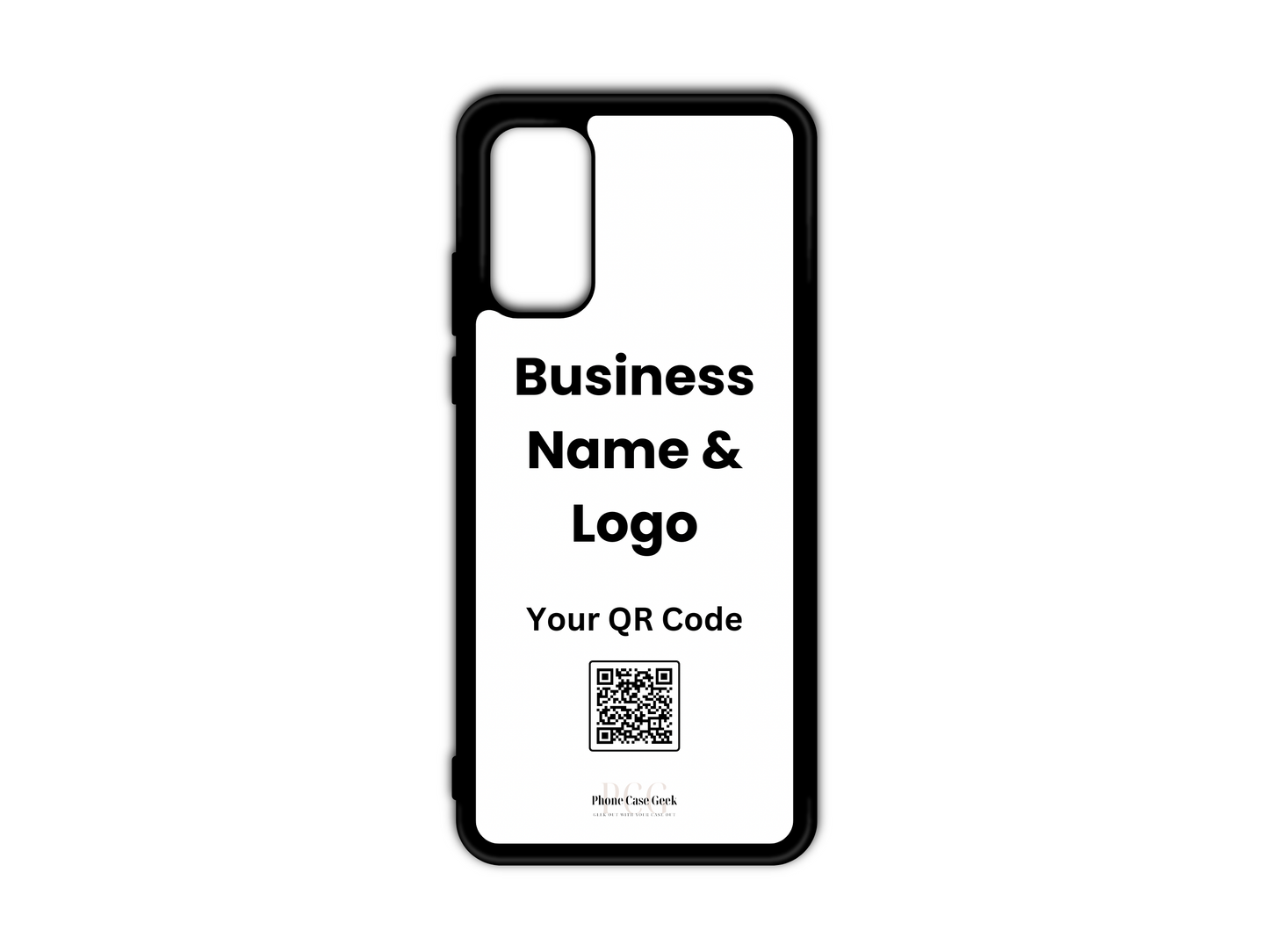 Template design for a custom business logo and QR code phone case for Samsung Galaxy S20, S20 Ultra, and S20 FE, showcasing layout placement for personalization.